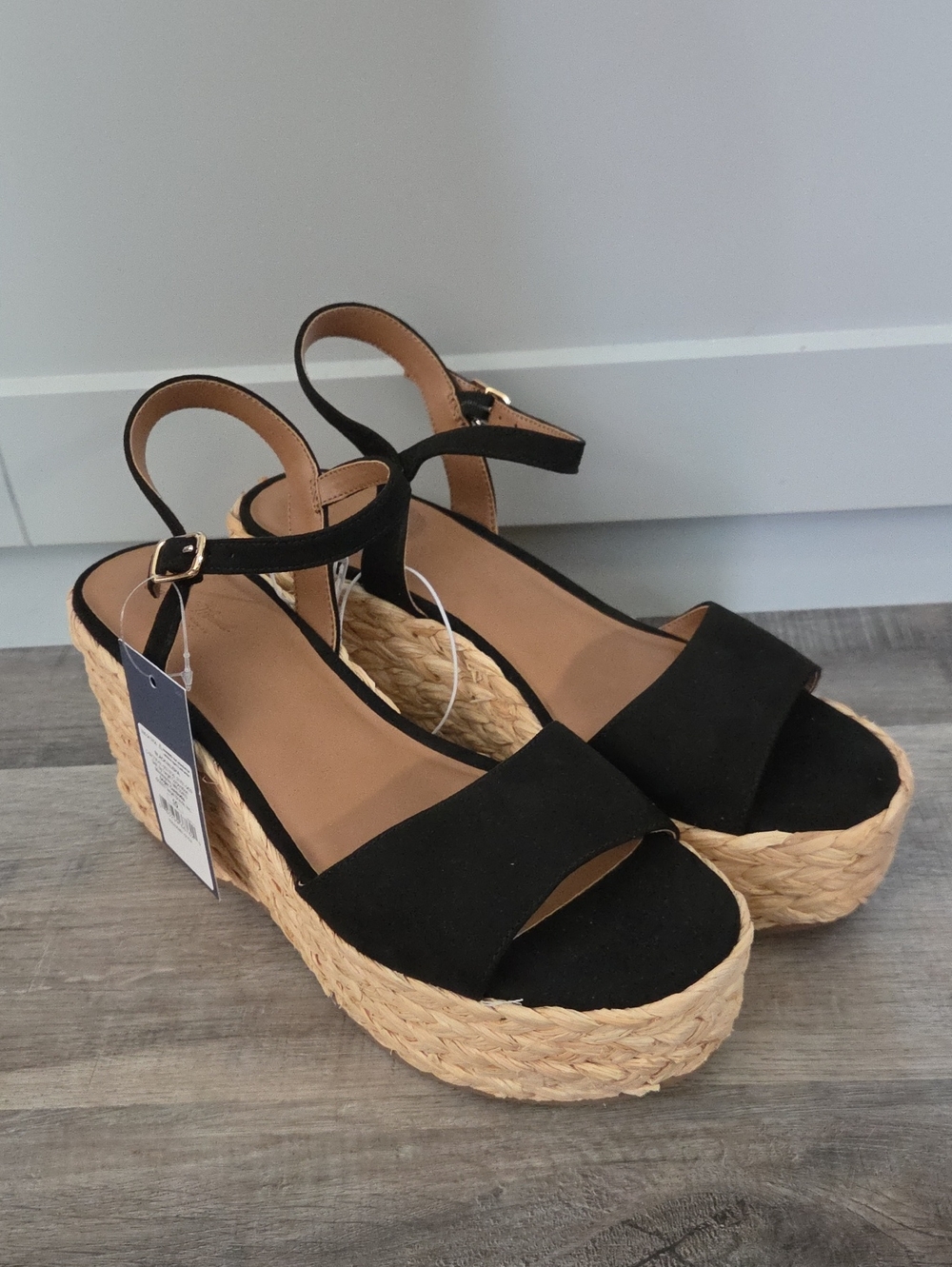 Women’s Black Espadrille Wedge Sandals with Ankle Strap, Size 10, New In Box